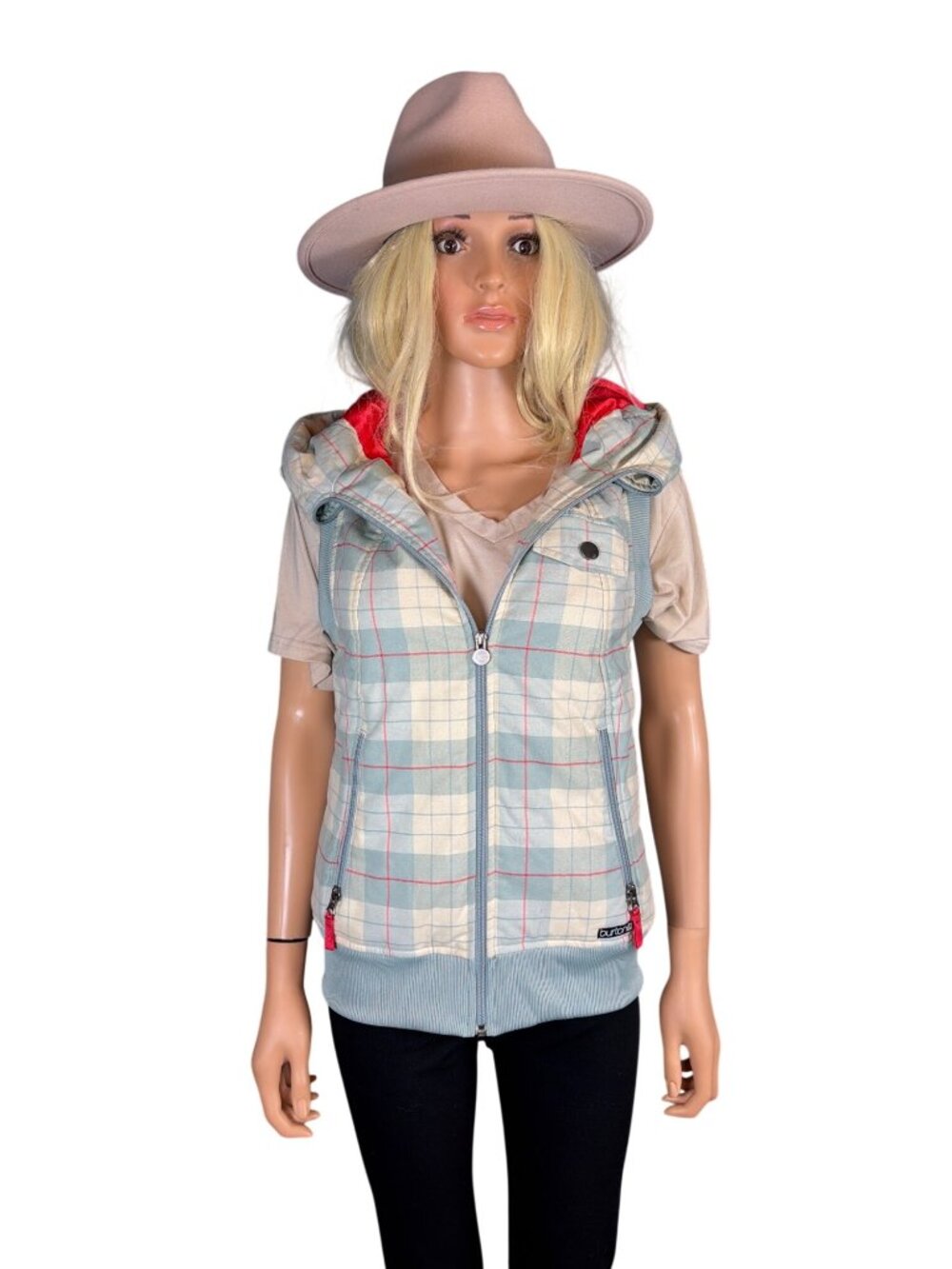 Burton Women's Small Plaid Hooded Puffer Vest Blue Pink Zip Up Snowboard Ski S